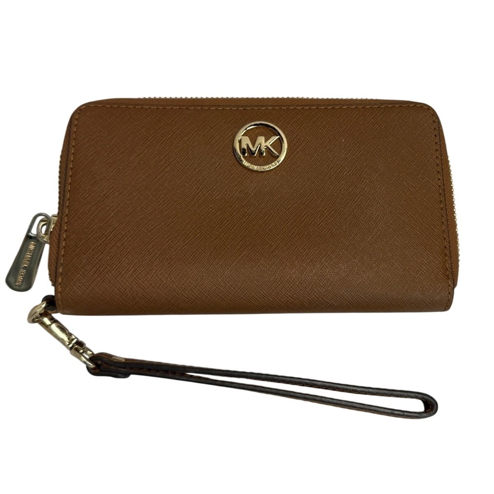 Michael Kors Jet Set Travel Saffiano Leather Zip Around Wristlet Wallet Brown